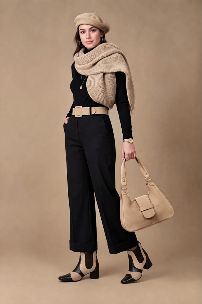 Women's black, tan and pitch black two-tone chelsea boots with round toe and low flared heel - Top view